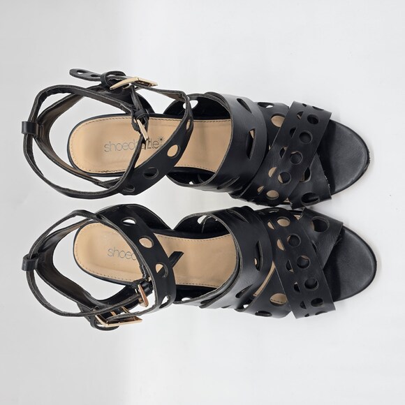 Black Faux Leather Laser Cut Strappy Heels - Size 8.5 - Picture 9 of 16